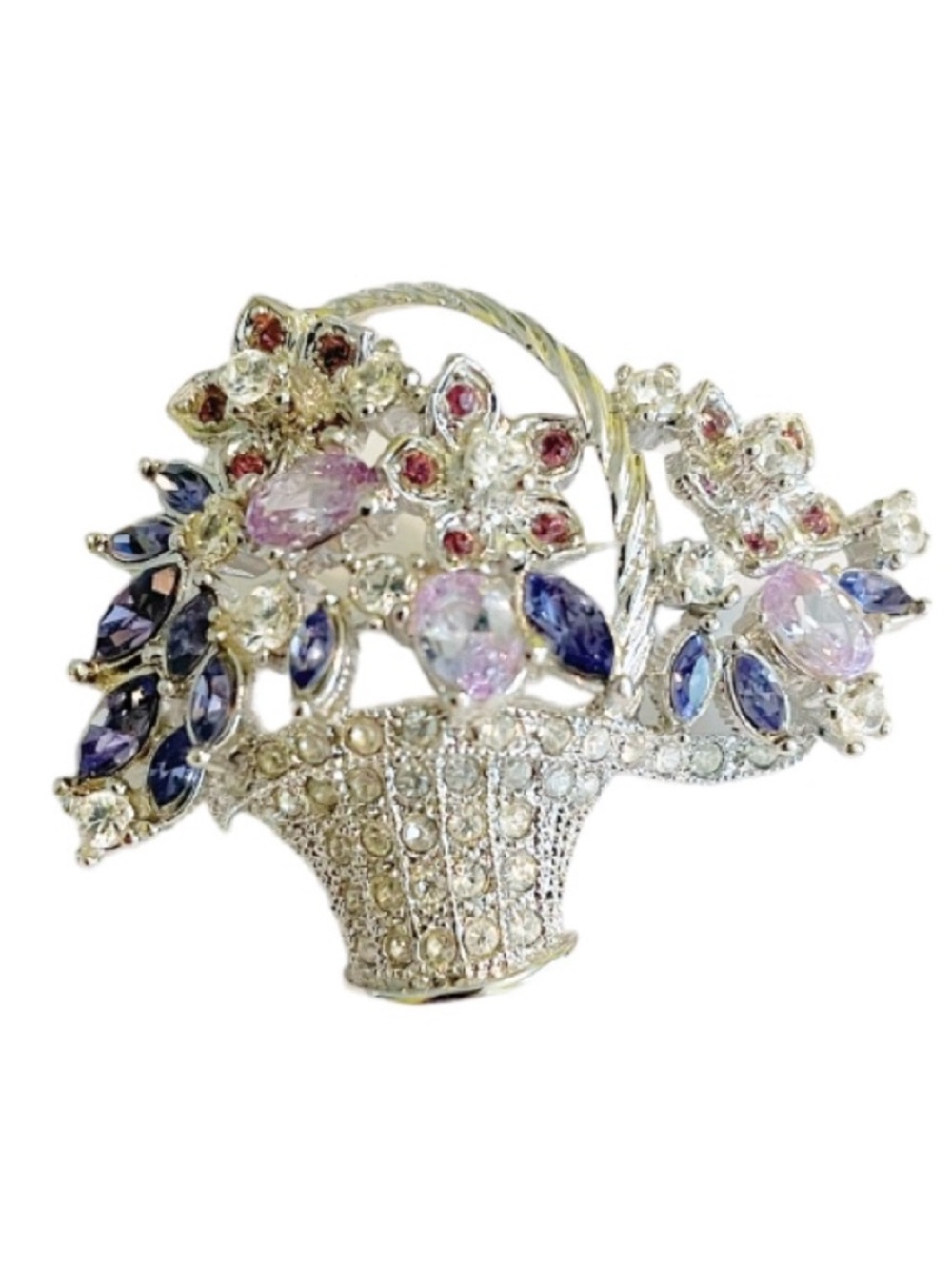 Vintage silver purple crystal sparkle floral basket bouquet brooch pin 1.5”